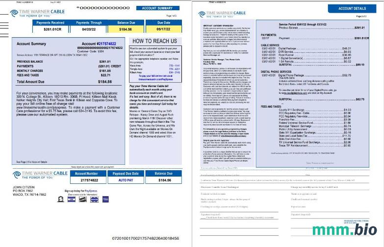 USA Time Warner Cabel rachunek za media, Word i PDF template, 3 strony 1 2